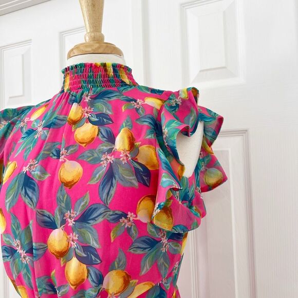 Sam Edelman Womens Pink Tropical Lemon Print High Neck Shift Dress Size 4 NWT - Picture 3 of 9